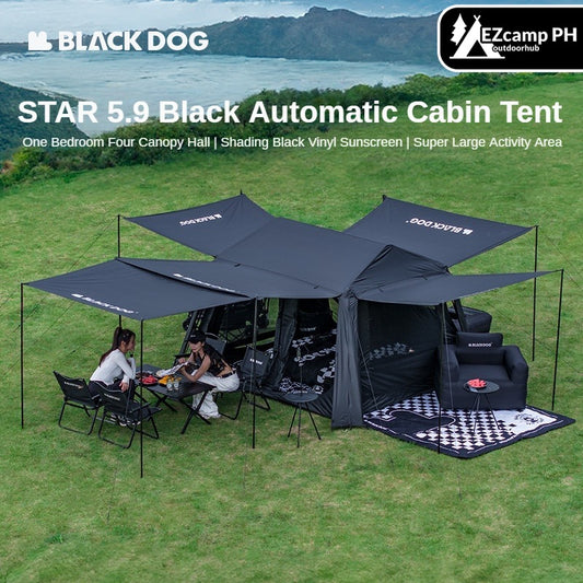 [PRE-ORDER] BLACKDOG by Naturehike STAR 5.9 Black Automatic Cabin Style Tent 1 Bedroom 4 Awning Canopy Halls Fast Build Vinyl Coated Sunscreen Waterproof Outdoor Camping Tent for 3-4 Person Large up to 27m² Usable Area