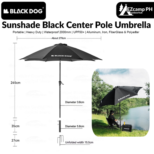 BLACKDOG Outdoor Sunshade Black Center Pole Umbrella Rubber Canopy Rooftop Garden Gazebo Awning Parasol Sun Shelter Leisure Courtyard Villa Sunscreen Sunshade Rainproof Black Coated Tarp Camping Beach Fishing Travel Hiking Heavy Duty Original Black Dog