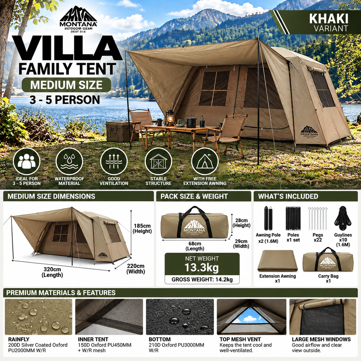 Montana VILLA Cabin Style Family Camping Tent Large Medium 5-8 Person Waterproof Manual Silver Coat