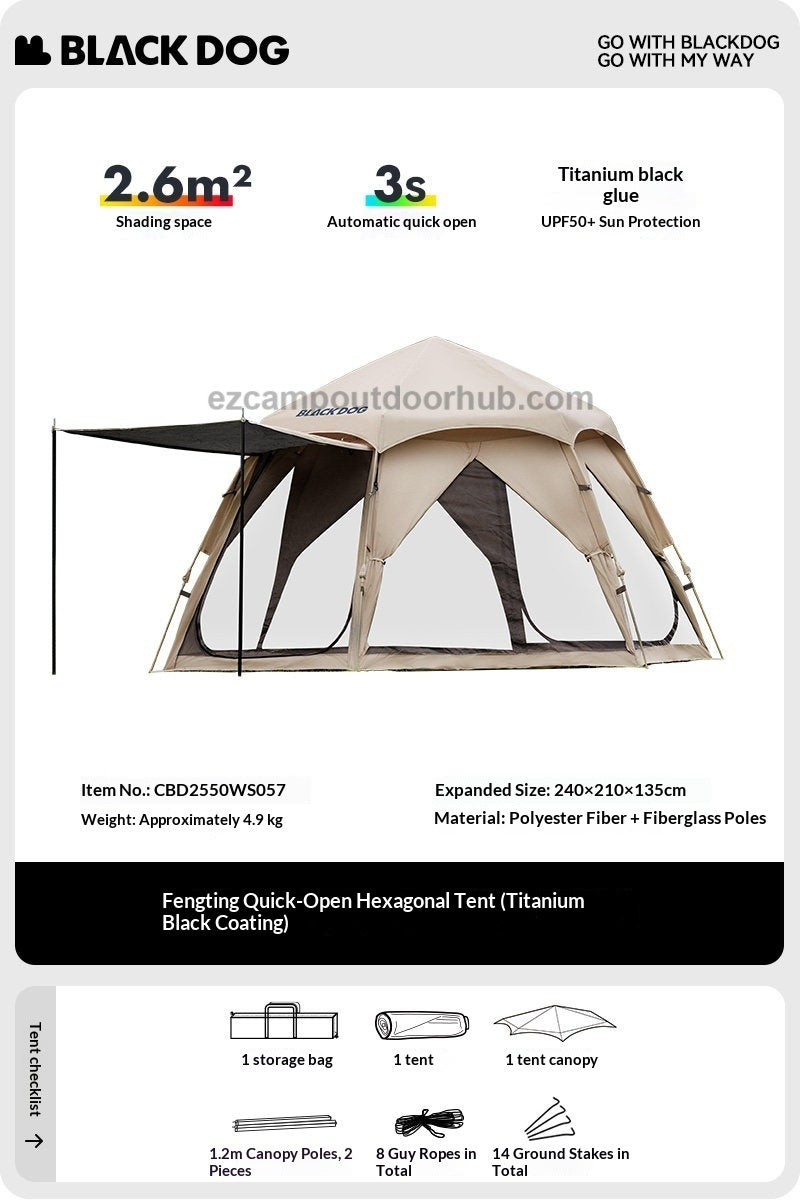 Blackdog WIND HAVEN Hexagonal Automatic Tent Dome Style 3-4 Persons Breathable 7-Sided Panorama Windows Black Vinyl or Silver Coated Sunscreen