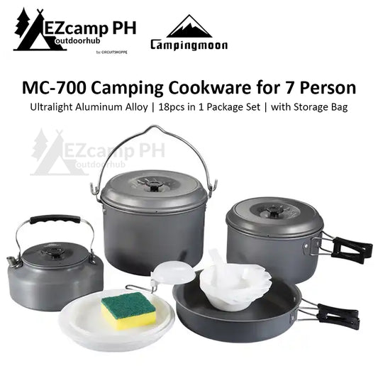CAMPINGMOON MC-700 7 Person Camping Cookware Set Aluminum Alloy Ultralight Portable Outdoor Picnic Cooking Pot Frying Pan Kettle with Storage Bag Large Complete Package Set