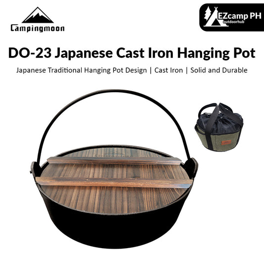 Campingmoon DO-23 Japanese Traditional Cast Iron Hanging Pot Outdoor Camping Hotpot Sukiyaki Soup Cooking Equipment Cedar Wood Lid Cookware Utensil with Storage Bag Camping Moon