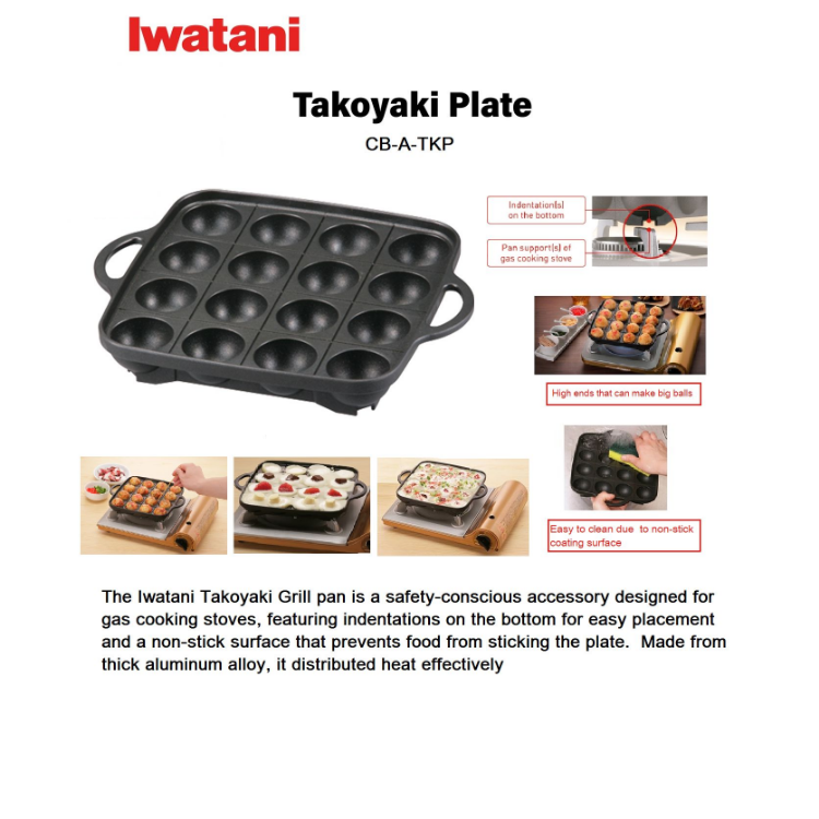 Iwatani CB-A-TKP Takoyaki Grill Plate 16 Holes Thick Aluminum Alloy Material Non-Stick Coated Surface Patented Modern Cookware Indentation Stopper-Structured Legs