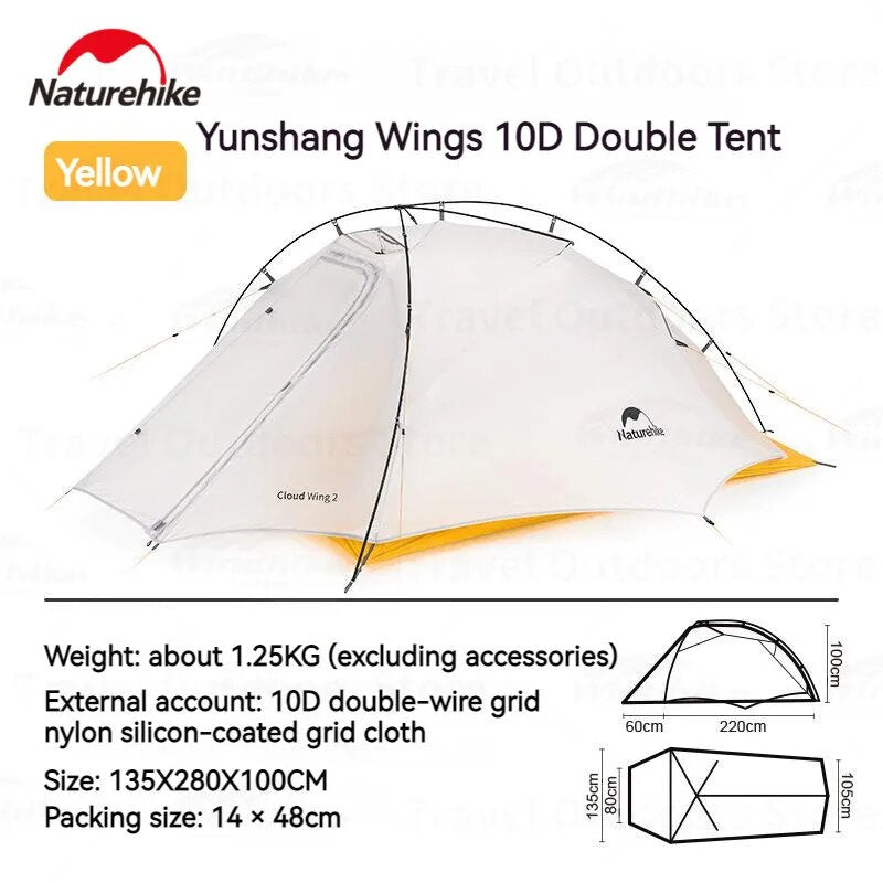 Naturehike CLOUD UP WING 2 10D Super Light Hiking Backpacking Tent for 1 to 2 Person Waterproof Windproof Ultralight 1.25kg Outdoor Camping 4 Season Tent 7 Series Aluminum Alloy Nylon Coated Silicon Nature Hike