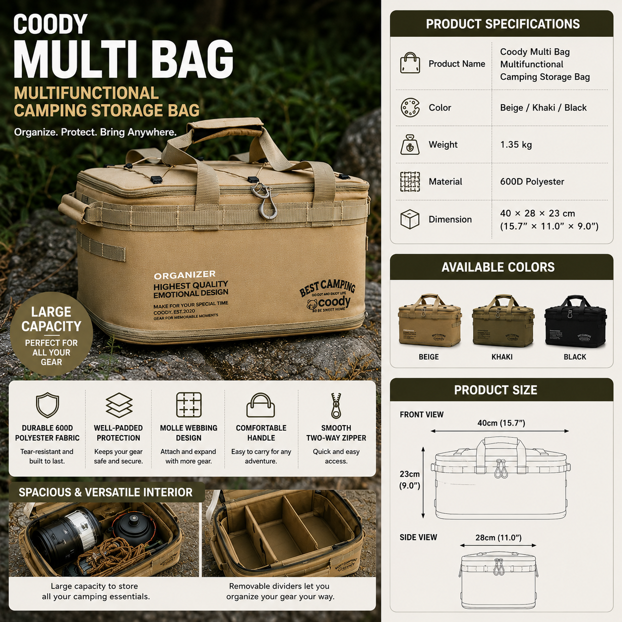 Coody MULTI BAG Portable Multifunctional Camping Storage Bag Heavy Duty Padded Organizer Removable Divider MOLLE Outdoor Gear Equipment Case
