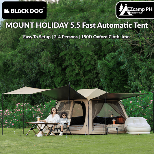 Blackdog MOUNT HOLIDAY 5.5 Fast Automatic Tent Cabin Style Black Vinyl Coated Sunscreen 2-4 Persons 360° Panoramic View Extended Awning Canopy Outdoor