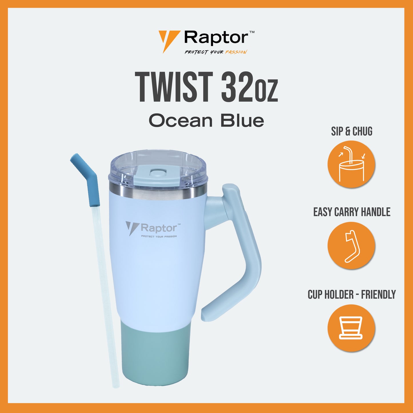Raptor TWIST 32oz Tumbler Unique Rotating Handle Double-Wall Vacuum Insulation Cup Holder-Friendly Design Rust-Resistant Durability Drinkware