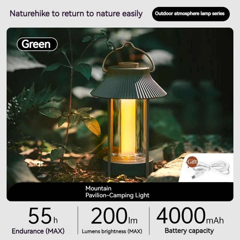 Naturehike MOUNTAIN PAVILLION Outdoor LED Lantern Light Camping Atmosphere Ambient Lighting IPX4 Waterproof 20-200 Lumens USB C Charging 4000mAh Battery up to 55H Lamp Warm White Nature Hike