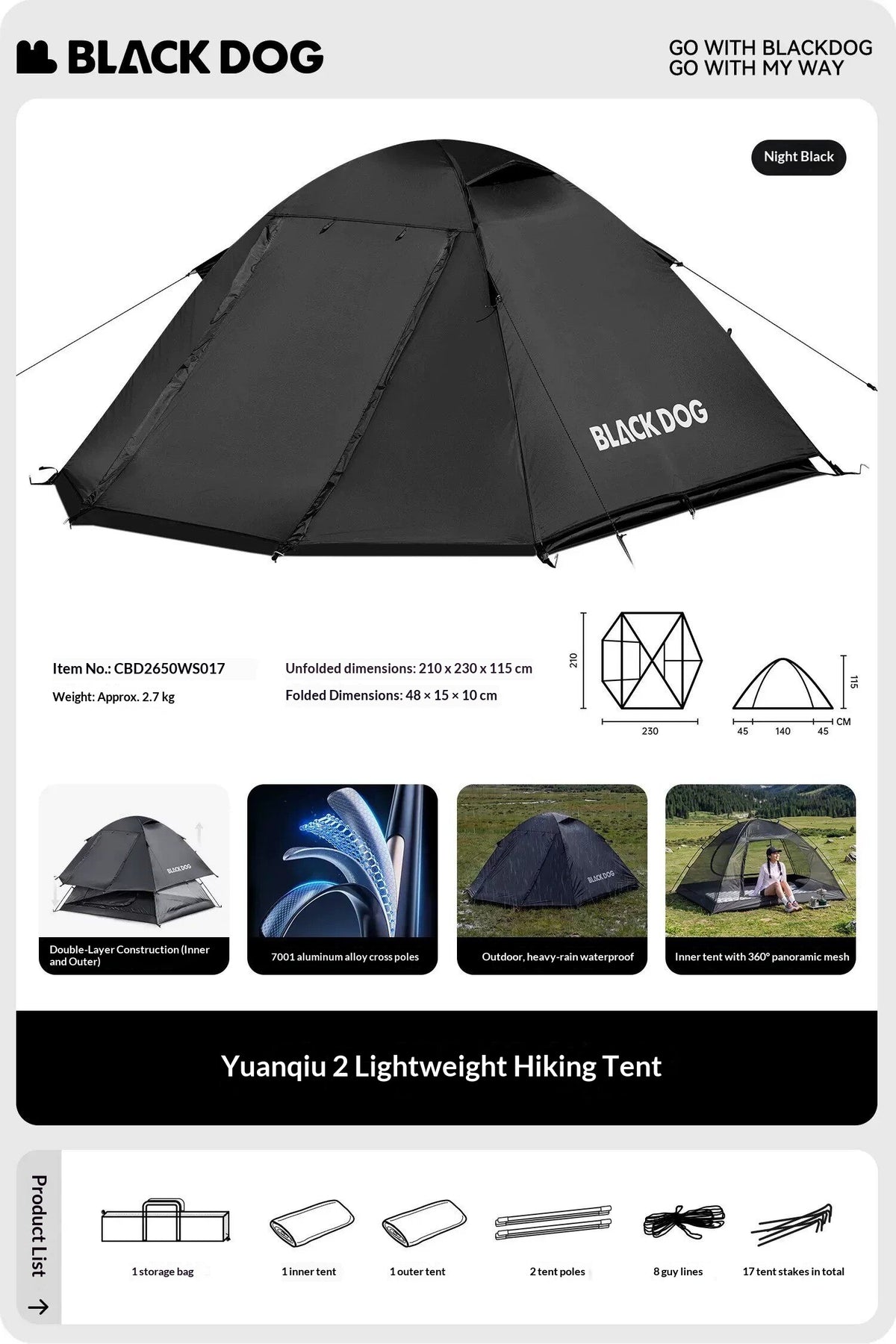 Blackdog REMOTE HILL 2 Hiking Tent Ultralight 2 Person Black Waterproof Silver Sunscreen Camping
