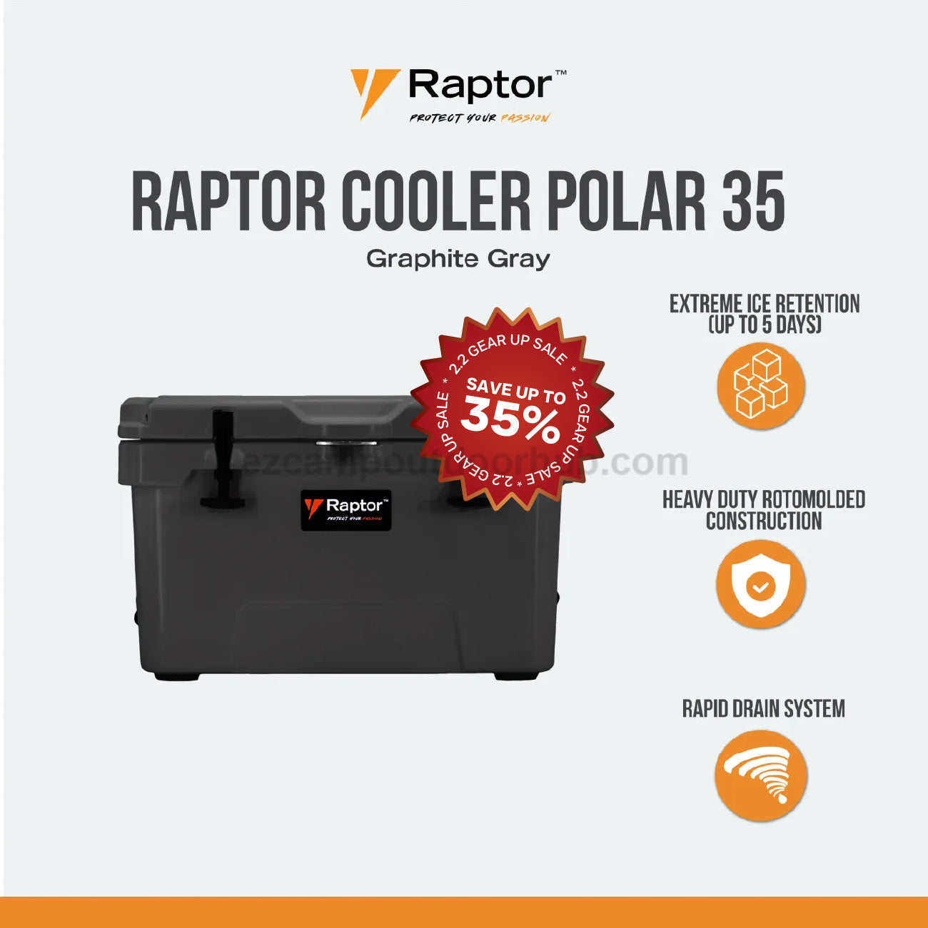 Raptor POLAR Hand Carry 35 35L Large Capacity Food Drink Ice Storage Chest Container Rapid Drain System Extreme Ice Retention Cooler Outdoor