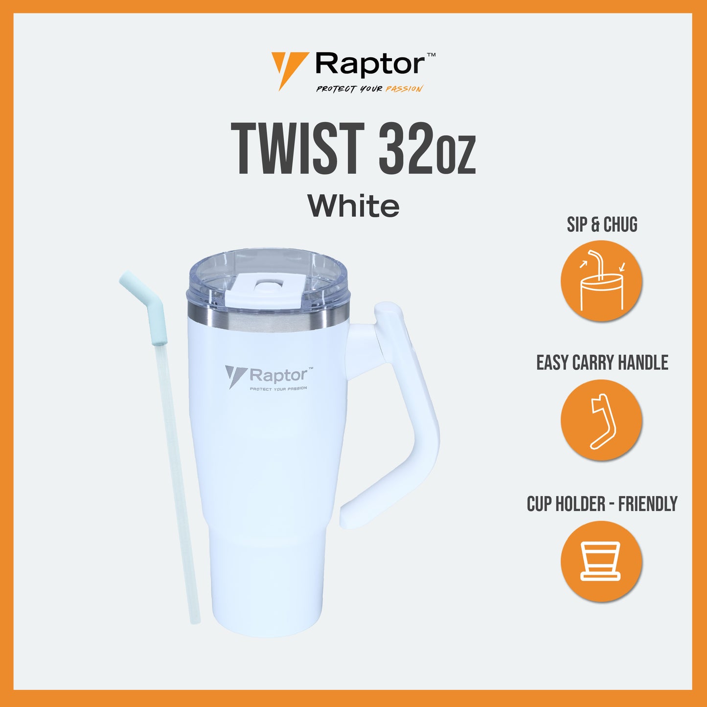 Raptor TWIST 32oz Tumbler Unique Rotating Handle Double-Wall Vacuum Insulation Cup Holder-Friendly Design Rust-Resistant Durability Drinkware