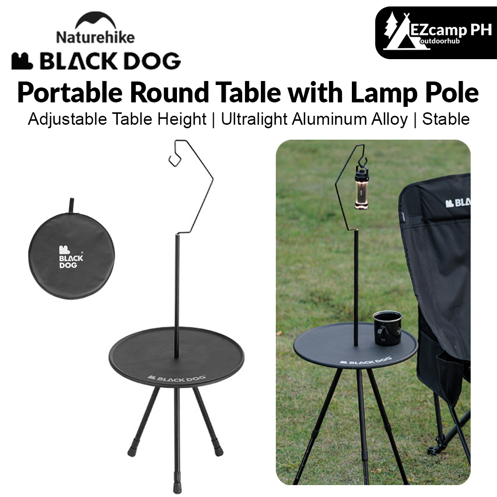 BLACKDOG by Naturehike Black Round Table Portable Aluminum Alloy Tea Coffee Table with Lamp Light Pole Post Stand Holder Portable Ultralight Adjustable Height Outdoor Camping Picnic Side Table Black Dog Nature Hike