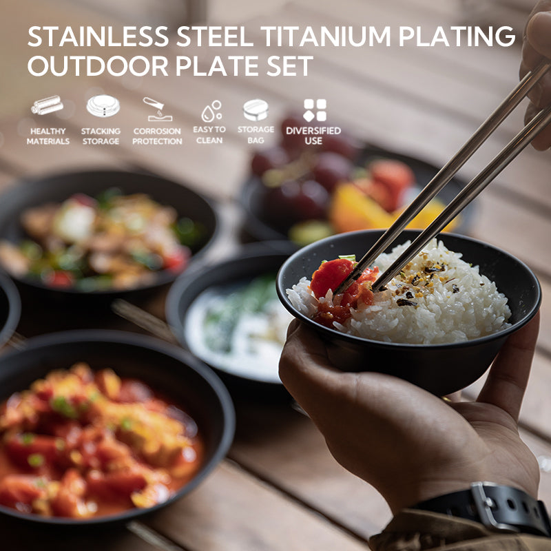 CAMPINGMOON Black Stainless Steel Dining Tableware Set Plate Dish Bowl Titanium Coated Portable Ultralight Camping Picnic Outdoor Dinnerware Utensil with Storage Bag Camping Moon