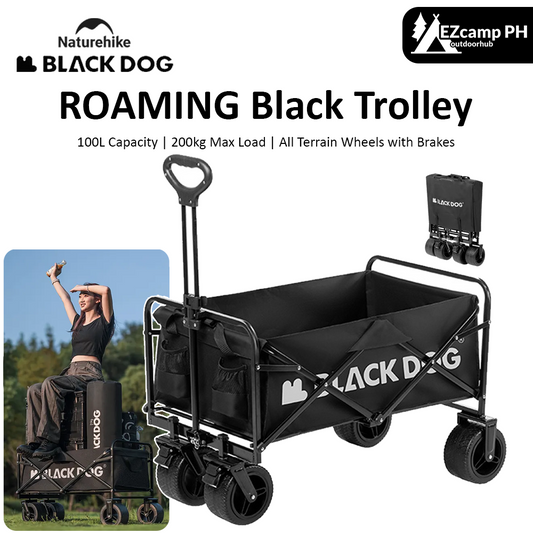 BLACKDOG by Naturehike ROAMING Black Outdoor Trolley 100L Capacity 200kg Max Load All Terrain Thick Wheels with Brakes 600D Oxford Steel Frame Heavy Duty Camping Cart Wagon Carrier Black Dog Nature Hike