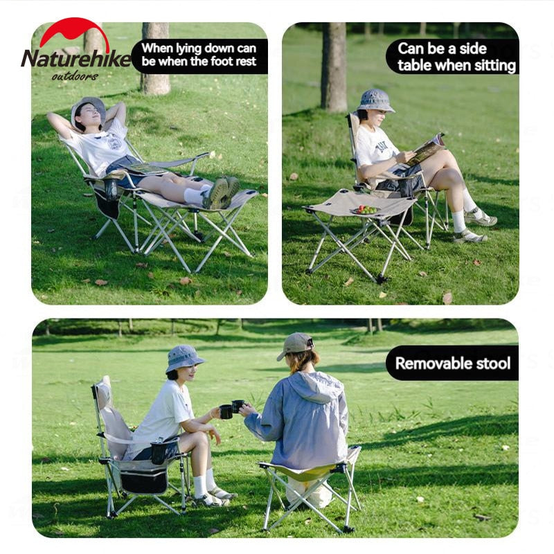 Naturehike 2 in 1 Reclining Foldable Camping Chair With Backrest And Armrests Folding Lying Multi-Functional Recliner Stool Seat Table 120KG Max Load