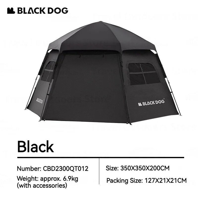 BLACKDOG by Naturehike Hexagonal Fast Automatic Tent Outdoor Camping Waterproof Large 12.5m² for 4-6 Person Blackout Sunscreen Waterproof PU3000 3 Side Awning Vinyl Coated Hexagon Auto Tent Nature Hike Black Dog