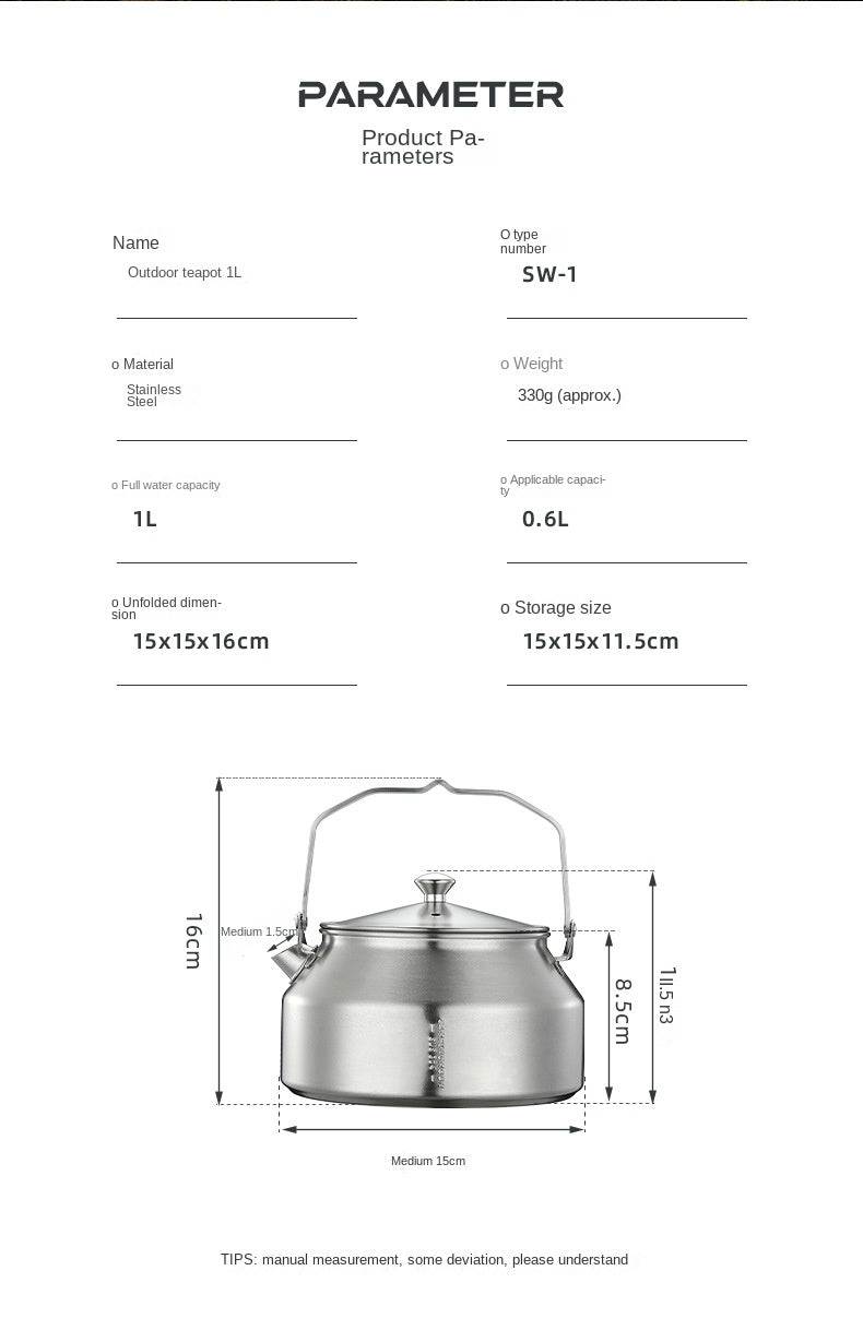 Campingmoon SW-1 Stainless Steel Teapot Portable Lightweight Outdoor Camping Kettle Pot 0.6-1L Coffee Tea Cookware With Net Storage Bag Heavy Duty