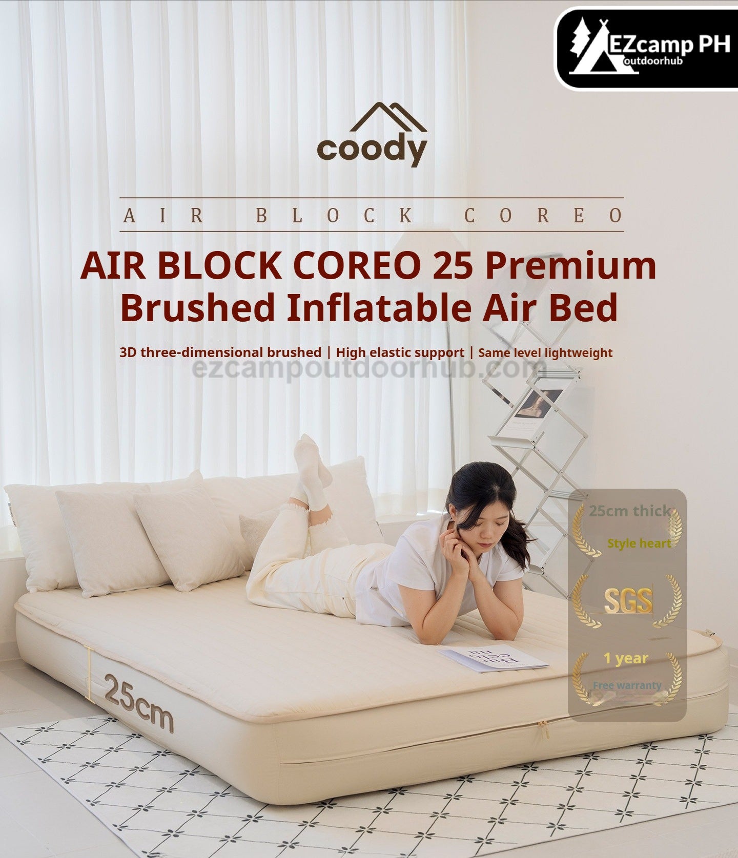 Coody AIR BLOCK COREO 25 Premium Brushed Inflatable Air Bed Portable Mat Mattress High Elasticity Support 3D Textured Surfaces Outdoor Camping Home
