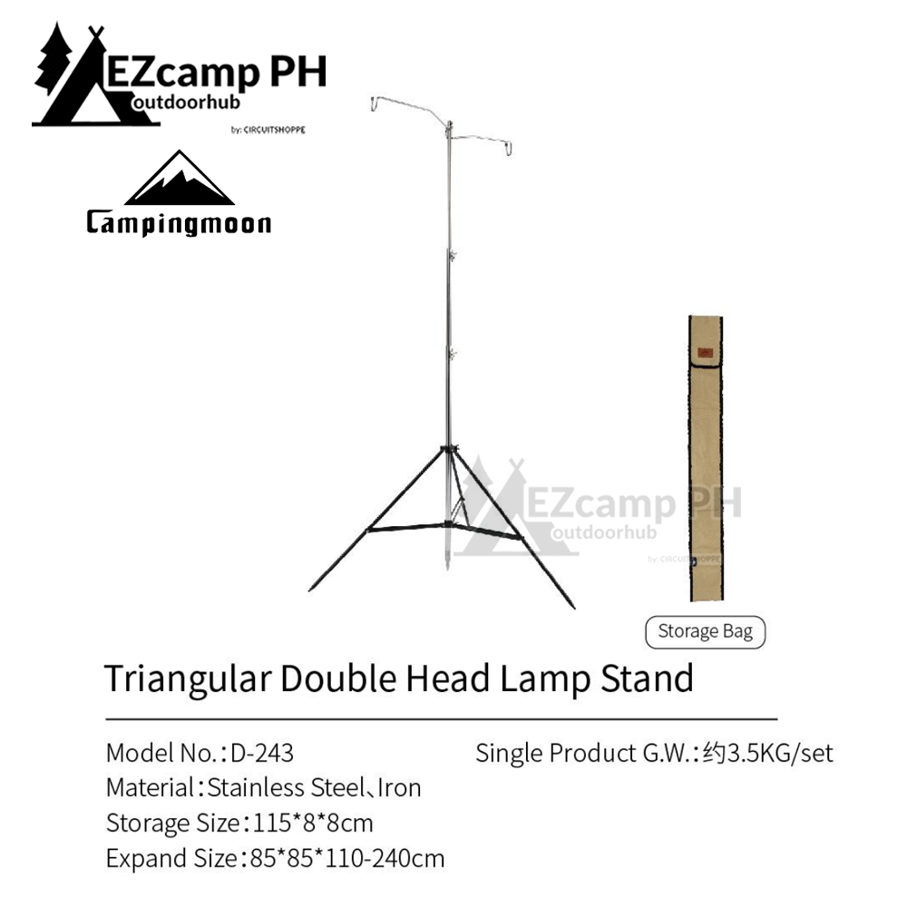 CAMPINGMOON Stainless Steel Dual Lamp Post Outdoor Camping Lantern Light Pole Adjustable Height Heavy Duty 15kg Max Load Original Tripod D-240 / D-243