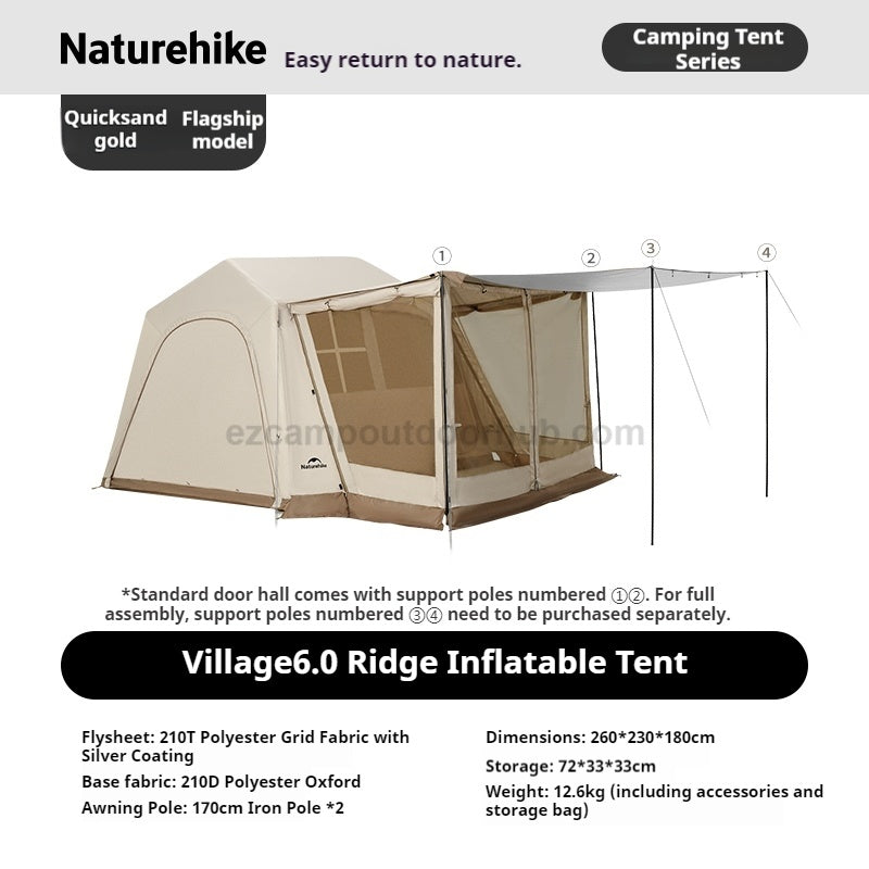 Naturehike VILLAGE 6.0 AIR BASE / FLAGSHIP 4-5 Persons Multiple Setups Inflatable Cabin Ridge Tent 15m² Usable Space Silver Coated Sunscreen Outdoor