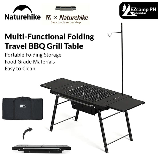 Naturehike Multi-Functional Folding Travel BBQ Grill Table Outdoor Camping Picnic Portable Integrated Built-in Cooking Barbecue Charcoal Grill with Lamp Pole Easy to Clean Nature Hike Chongshan