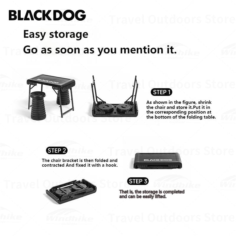 BLACKDOG by Naturehike Black Lightweight Portable Folding Table Camping Aluminum PE Plastic Table Telescopic Chair Set Outdoor Picnic BBQ Dining Foldable Black Dog Nature Hike