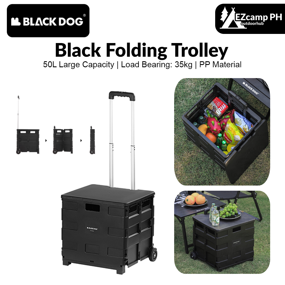 BLACKDOG Black Folding Trolley Portable Lightweight 50L Capacity Storage Box Cart With Wheels Pushing Cart Pull Rod Shopping Camping Hiking Picnic Travel Equipment Heavy Duty Original Black Dog