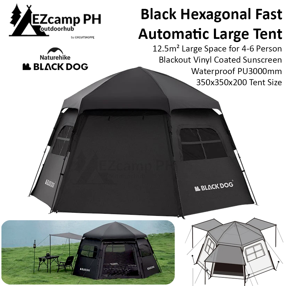 BLACKDOG by Naturehike Hexagonal Fast Automatic Tent Outdoor Camping Waterproof Large 12.5m² for 4-6 Person Blackout Sunscreen Waterproof PU3000 3 Side Awning Vinyl Coated Hexagon Auto Tent Nature Hike Black Dog