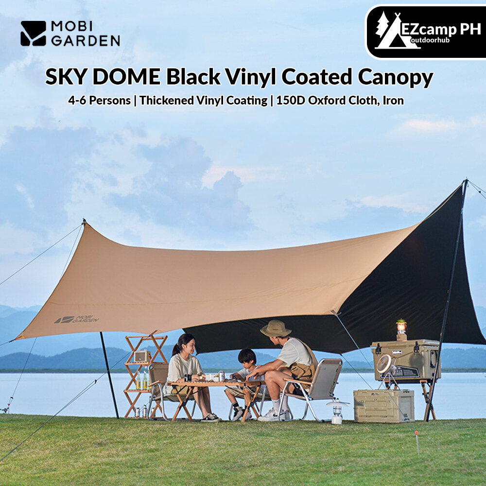 Mobi Garden SKY DOME Black Vinyl Coated Canopy Awning Tarp Shelter Flysheet Tent UPF50+ Waterproof With Pole Camping Hiking Outdoor Beach Garden Party Travel Heavy Duty Original MobiGarden