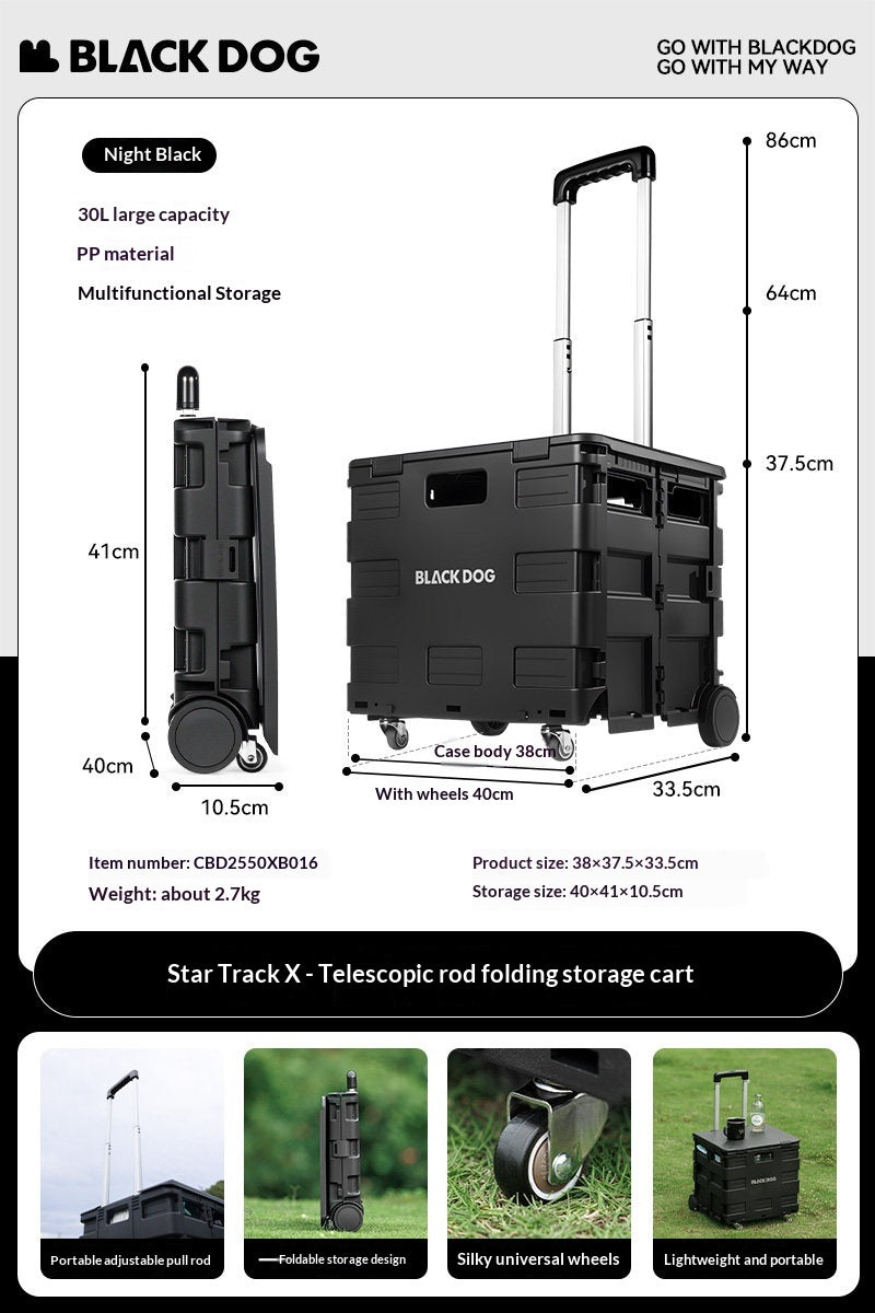 BLACKDOG Black Folding Trolley Portable Lightweight 50L Capacity Storage Box Cart With Wheels Pushing Cart Pull Rod Shopping Camping Travel Equipment