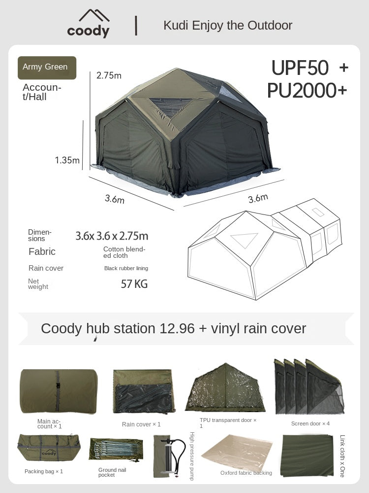 Coody HUB Shelter 13 Air Inflatable Outdoor Camping Tent 4-6 Persons Main Hub Modular Station Air Tents Waterproof Black Vinyl Coated Sunscreen Rain Cover
