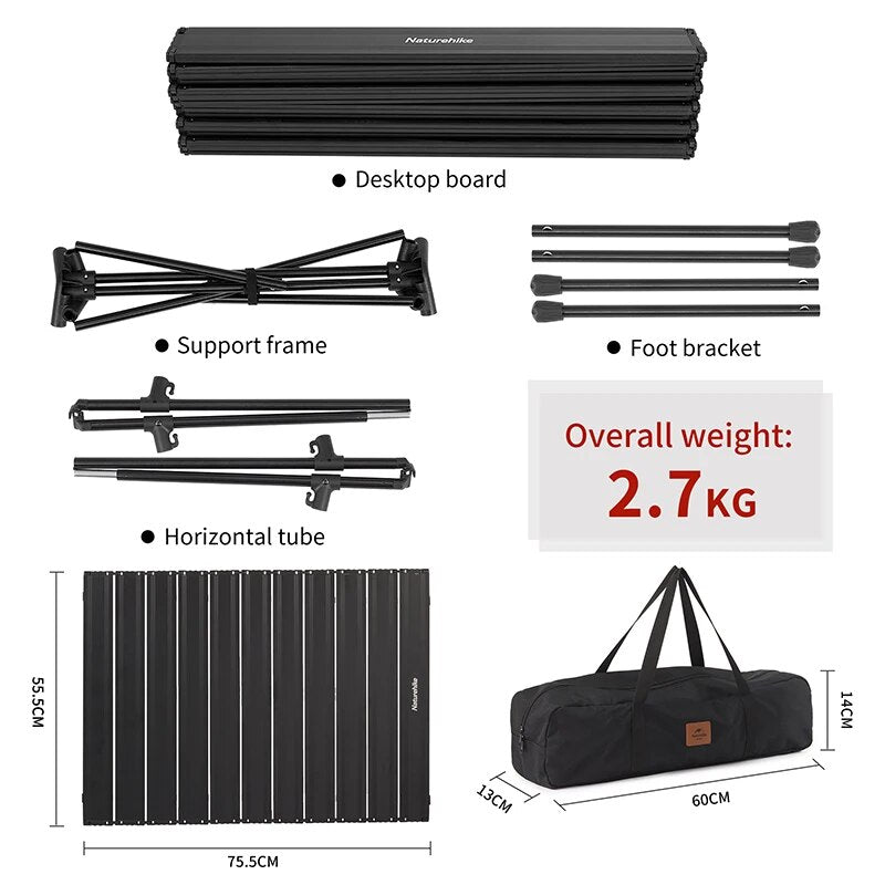 Naturehike FT11 Black Aluminum Egg Roll Camping Portable Folding Table 2 Level Height Adjustable Ultralight Heavy Duty up to 30kg Max Load Foldable Heavy Duty Outdoor Low High Lifting Table Nature Hike