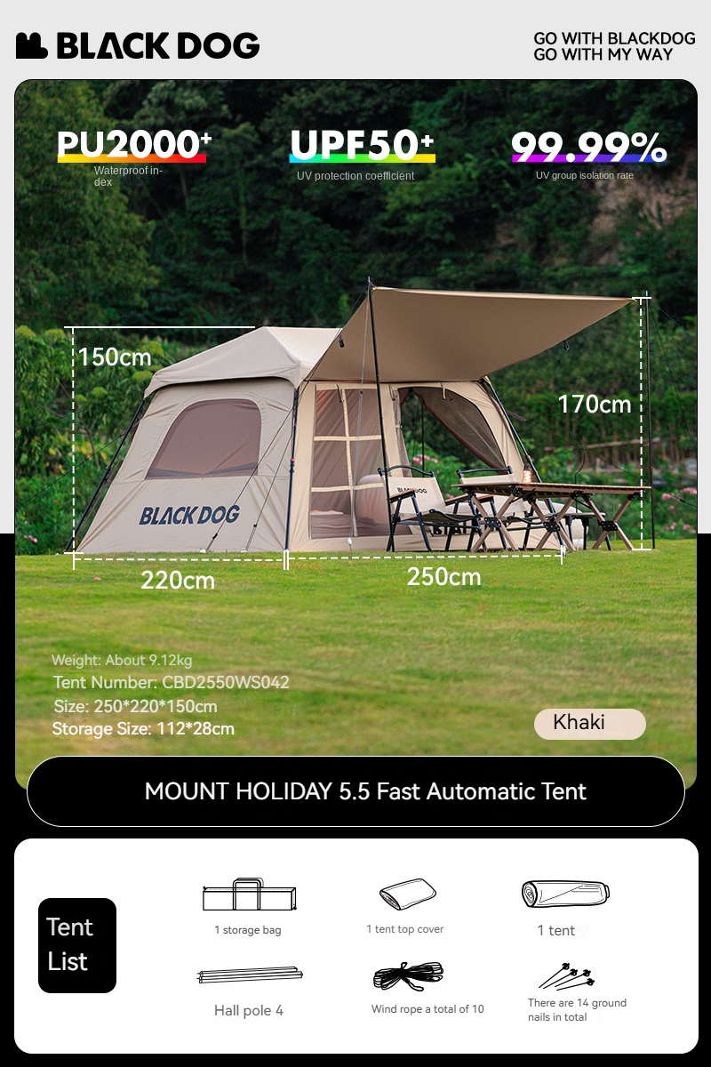 Blackdog MOUNT HOLIDAY 5.5 Fast Automatic Tent Cabin Style Black Vinyl Coated Sunscreen 2-4 Persons 360° Panoramic View Extended Awning Canopy Outdoor