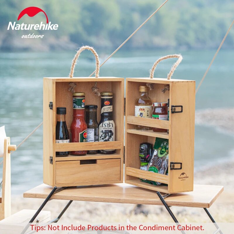 Naturehike Condiments Multi-Layer Storage Box Portable Folding Hemp Rope Belt Seasoning Sauce Solid Wood Cabinet Container Case Outdoor Camping Picnic BBQ Cookware Wooden Box 1.8kg Nature Hike