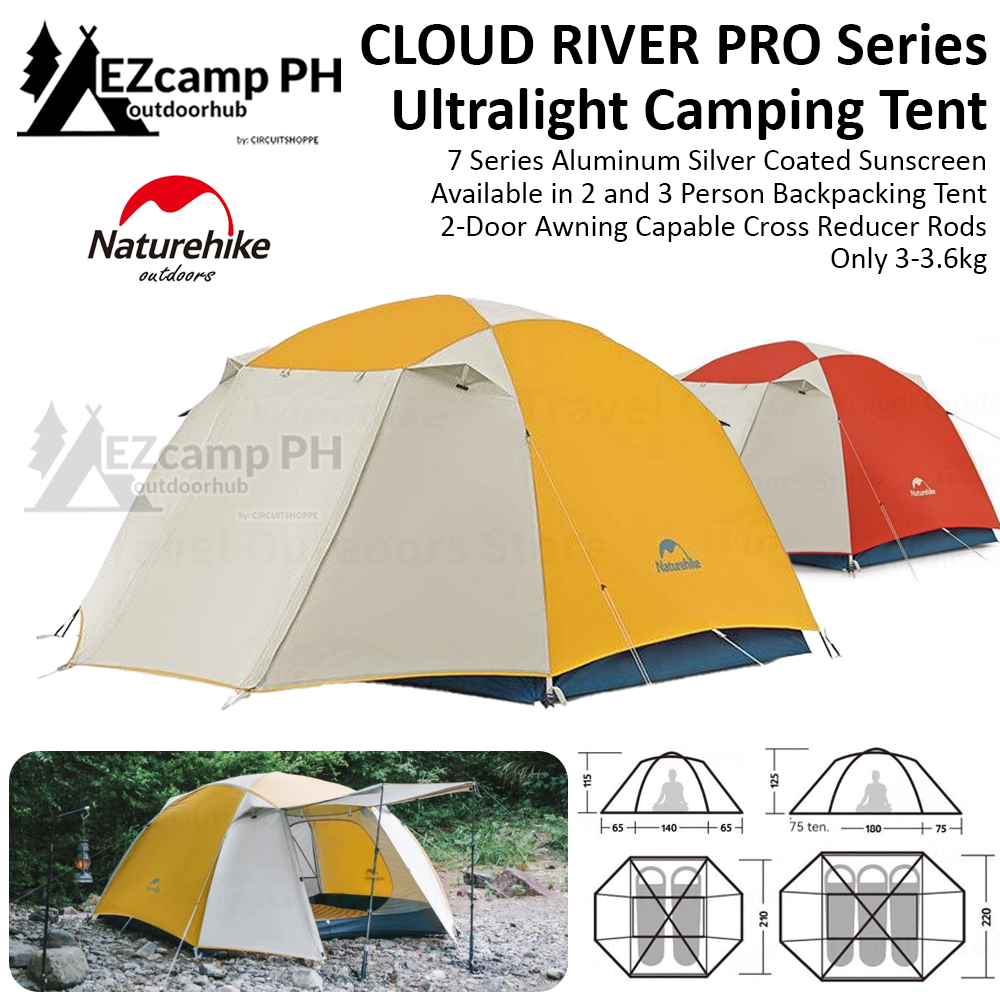 Naturehike CLOUD RIVER PRO 2 / 3 Person Ultralight Camping Hiking Tent Waterproof Silver Coated 2-Door Awning Aluminum X Cross Bar Pole Backpacking