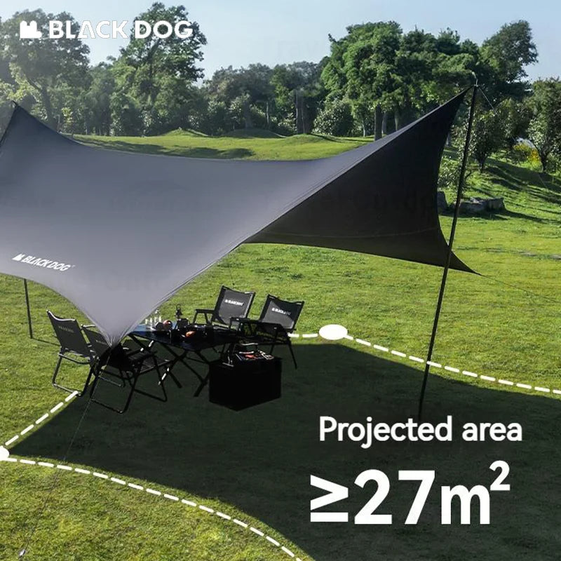 BLACKDOG Hexagonal Arc Edge Sky Curtain Large Canopy Awning Tarp Tent PU Coated Waterproof up to 27m² Shade Area UPF50+ Sunscreen Camping Hiking Picnic Beach Travel Shelter with Poles Hexagon Square Heavy Duty Original Black Dog