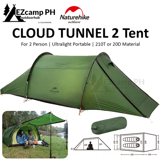 Naturehike CLOUD TUNNEL Camping Tent 2.6kg Ultralight 2 Person 210T 20D Silicone Outdoor Waterproof Windproof Hiking Backpacking Tent with Floor Mat