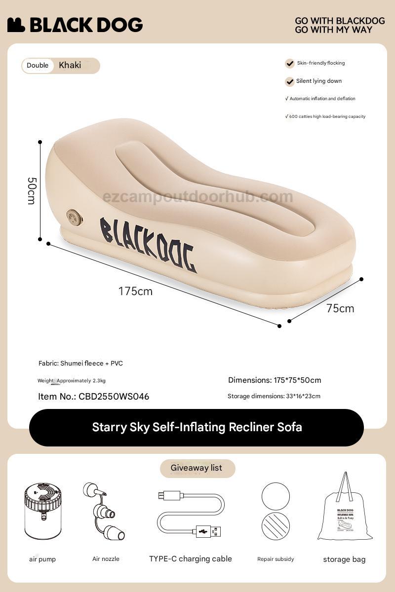 BLACKDOG Black Automatic Inflate Lazy Sofa Portable Auto Inflating Sleeping Bed Built-in Electric 2000mAh Detachable Air Pump Outdoor 150kg Max Load