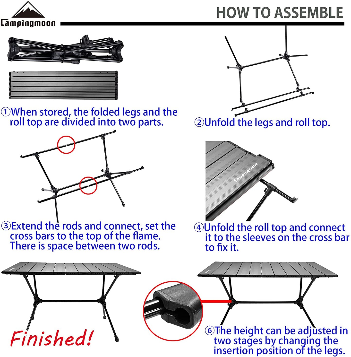 CAMPINGMOON T-520 Aluminum Adjustable Height Egg Roll Folding Table Ultralight Portable Camping Picnic BBQ Low High Foldable Table with Storage Bag