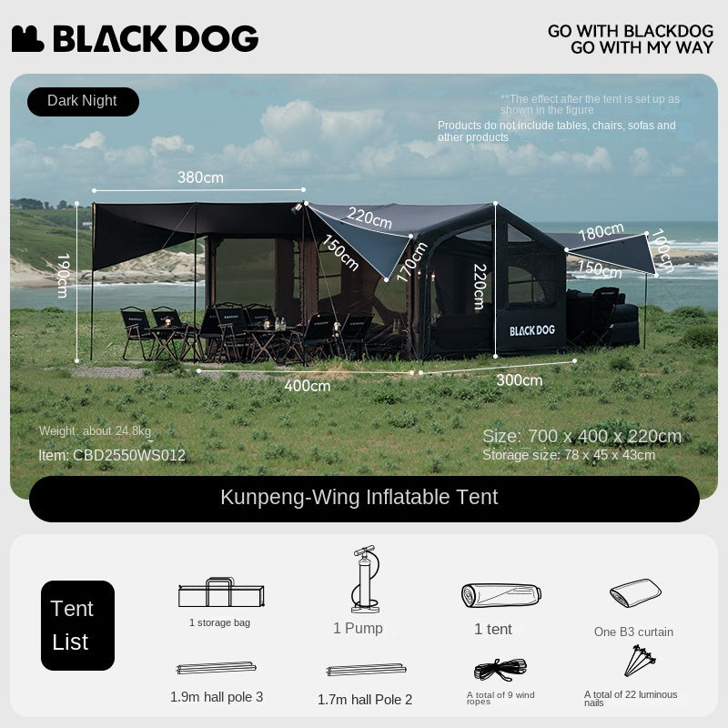 Blackdog BLACK SOAR AIR 12.0 Inflatable Cabin Style Tent Fast Build PVC Air Frames 210D Black Vinyl Coated Sunscreen Waterproof Panoramic View 6-8 Person
