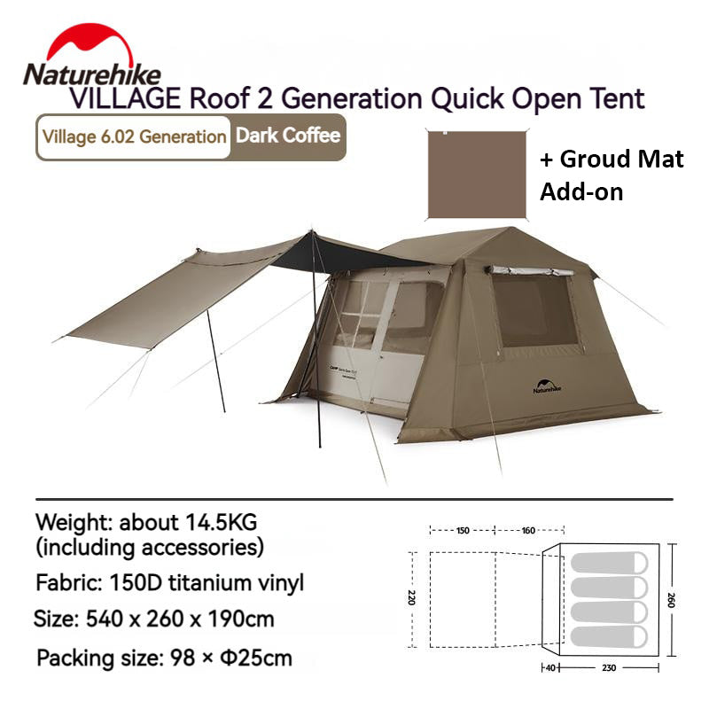 Naturehike VILLAGE Series 6.0 Gen 2 Fast Build Automatic Cabin Style Tent 6m² Space for 4 Person Waterproof Camping Ti Black Sunscreen Coating