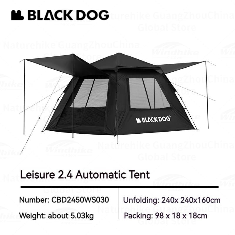 BLACKDOG BLACK Automatic Tent Outdoor Camping 3-4 Persons Portable Dome Tent Quick Opening Black Coating Vinyl Sunproof Waterproof Large Space Tent