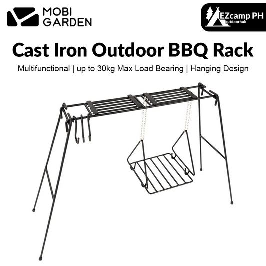 Mobi Garden Cast Iron Outdoor BBQ Hanging Pot Cookware Kitchenware Utensil Rack Large Shelf Camping Multifunctional Grill Cooking Barbecue Shelves Portable Foldable Folding Storage Design Mobigarden