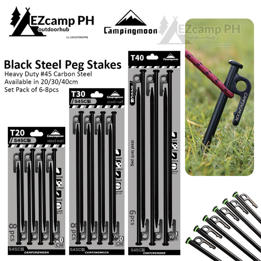 CAMPINGMOON Black Carbon Steel Peg Stakes Pack of 6pcs or 8pcs 20cm 30cm 40cm Length Outdoor Camping Ground Nail Tent Wind Rope Line Pegs Stakes Set