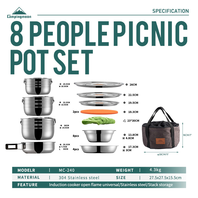 CAMPINGMOON Stainless Steel Camping Pot Set for up to 6 and 8 Person Portable Ultralight Home and Outdoor Picnic Large Cookware Pan Cooking Equipment