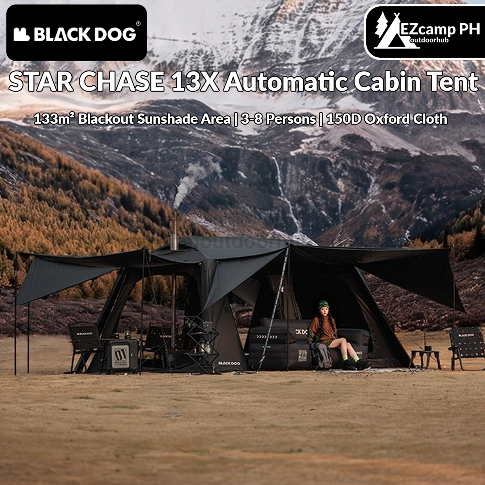 Blackdog STAR CHASE 13X Automatic Cabin Style Tent 8 Person Family Tent 2 Bedroom 3 Living Area Large Group Black Vinyl Coated Waterproof Outdoor Tent