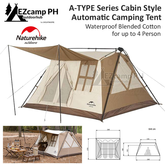 Naturehike A-TYPE Series Cabin Style Outdoor Waterproof Tent for 4 Person Automatic Poles Breathable Blended Cotton Fast Quick Easy Build Shelter