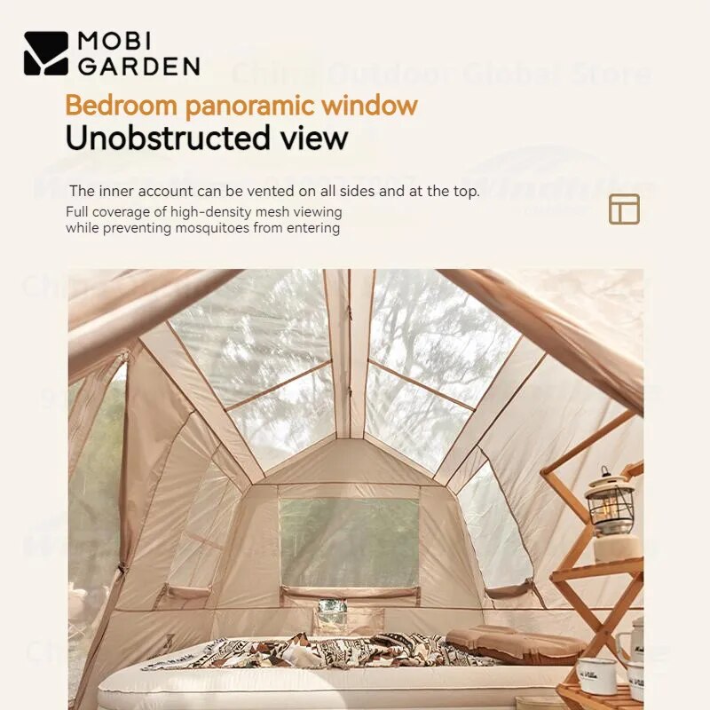 Mobi Garden HOLIDAY MOUNTAIN RESIDENCE 5.9 Fast Build Automatic Cabin Style Tent for 4 Person 6m² Large Space Waterproof 2 Door Built-in 2 Canopy Awning Panorama Windows Mesh Skylight Camping Glamping Quick Open Mobigarden village 6.0 ridge hut