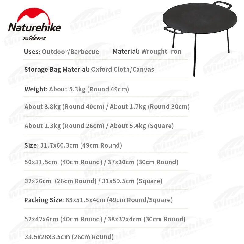 Naturehike Large Baking Cooking Pan Non-Stick High Round Square Tripod Stand or Stove Grill Top Frying Pan Korean BBQ Grilling Cast Iron Outdoor Camping Portable Cookware Equipment 26/30/40/49cm with Storage Bag Nature Hike