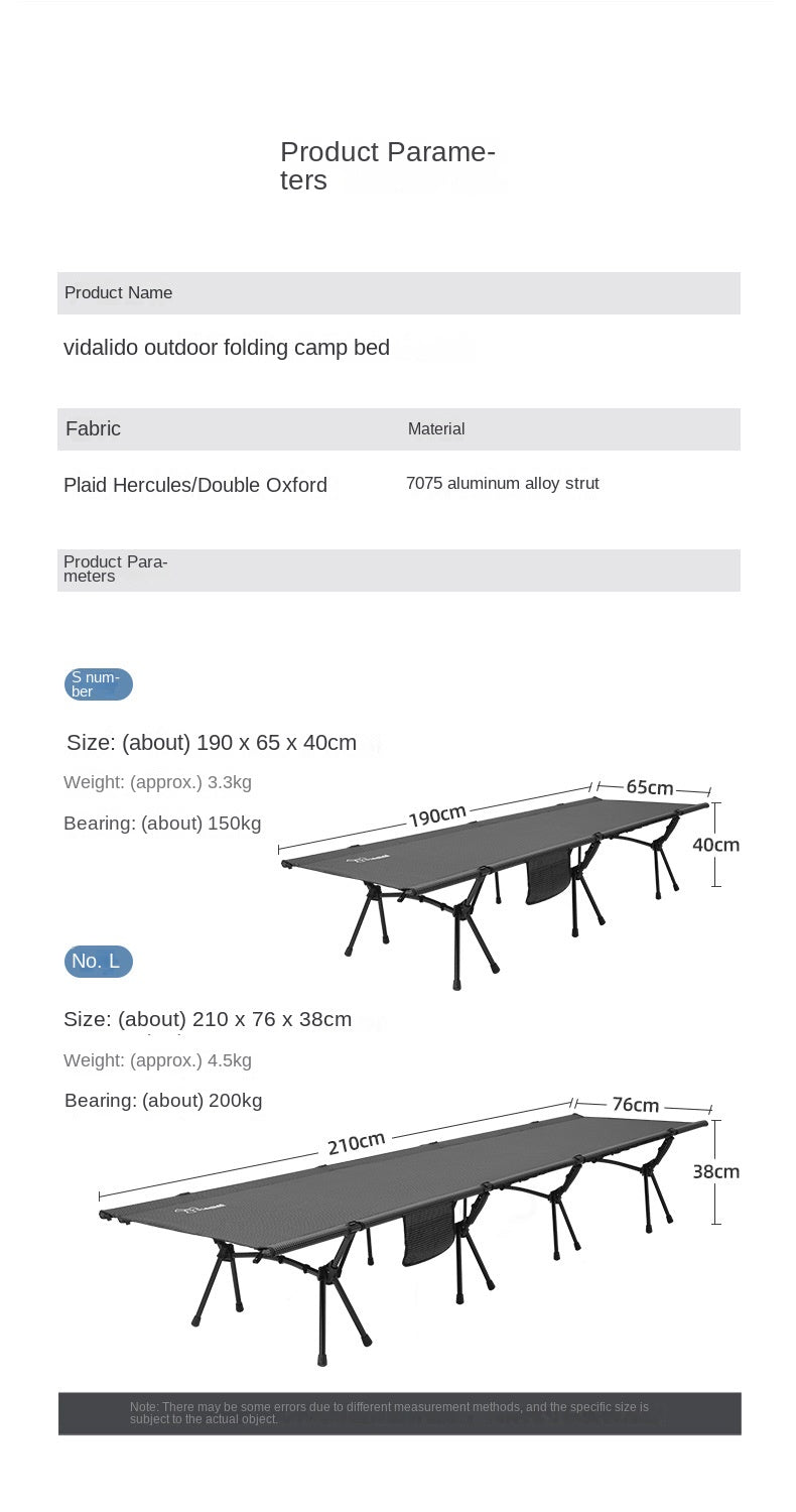 Vidalido Army Cot Outdoor Portable Lightweight Camping Folding Bed Premium 7075 Aluminum Alloy Small Large Size up to 200kg Max Load High Low Foldable Sleeping Gear